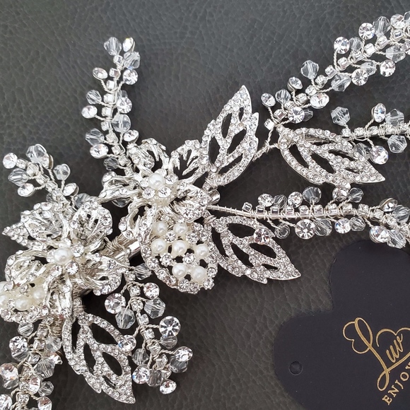 Bride Crystal Large Flower Leaf headpiece wedding main image 4